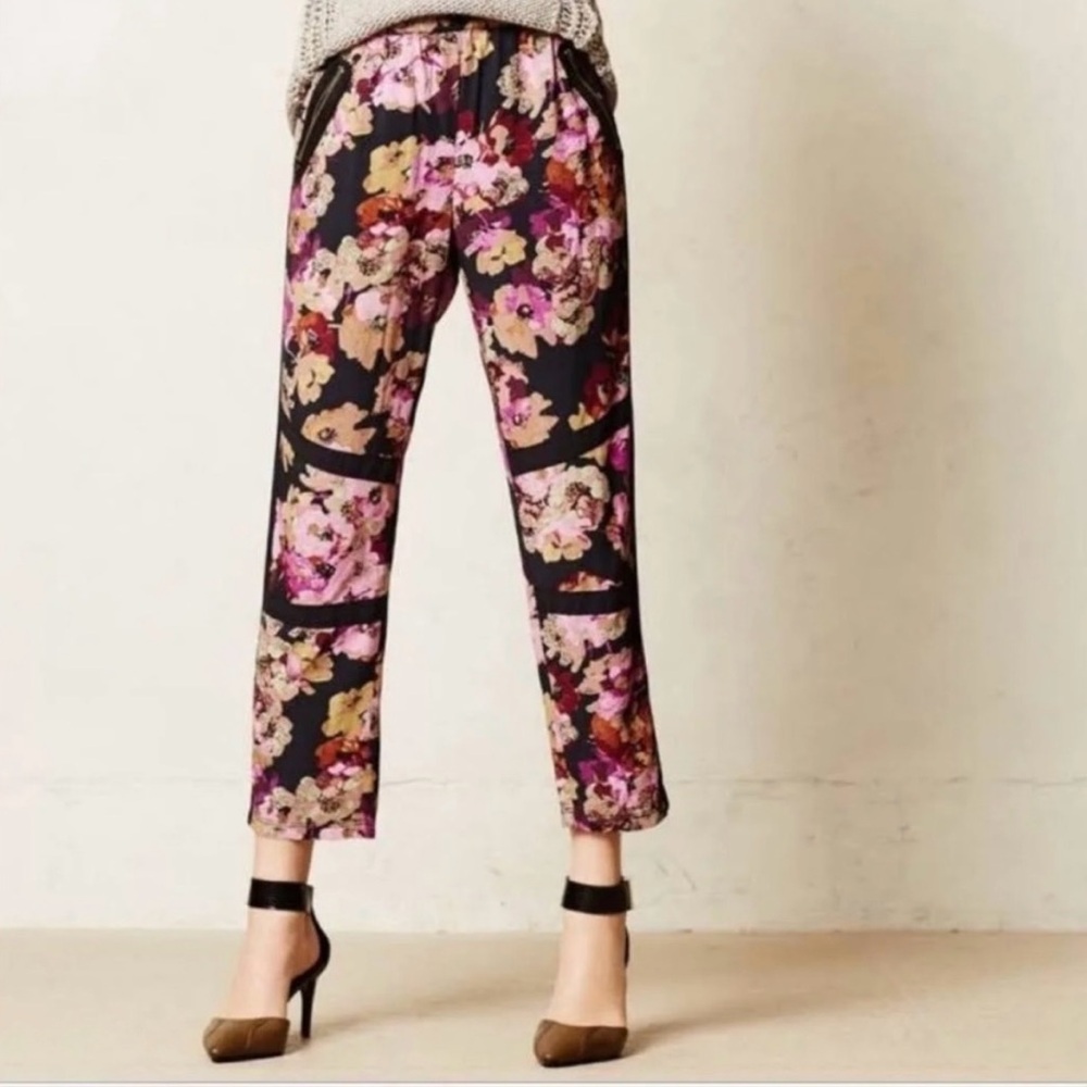 Anthropologie Lilka Huntington Beach Purple/Black Floral Pants